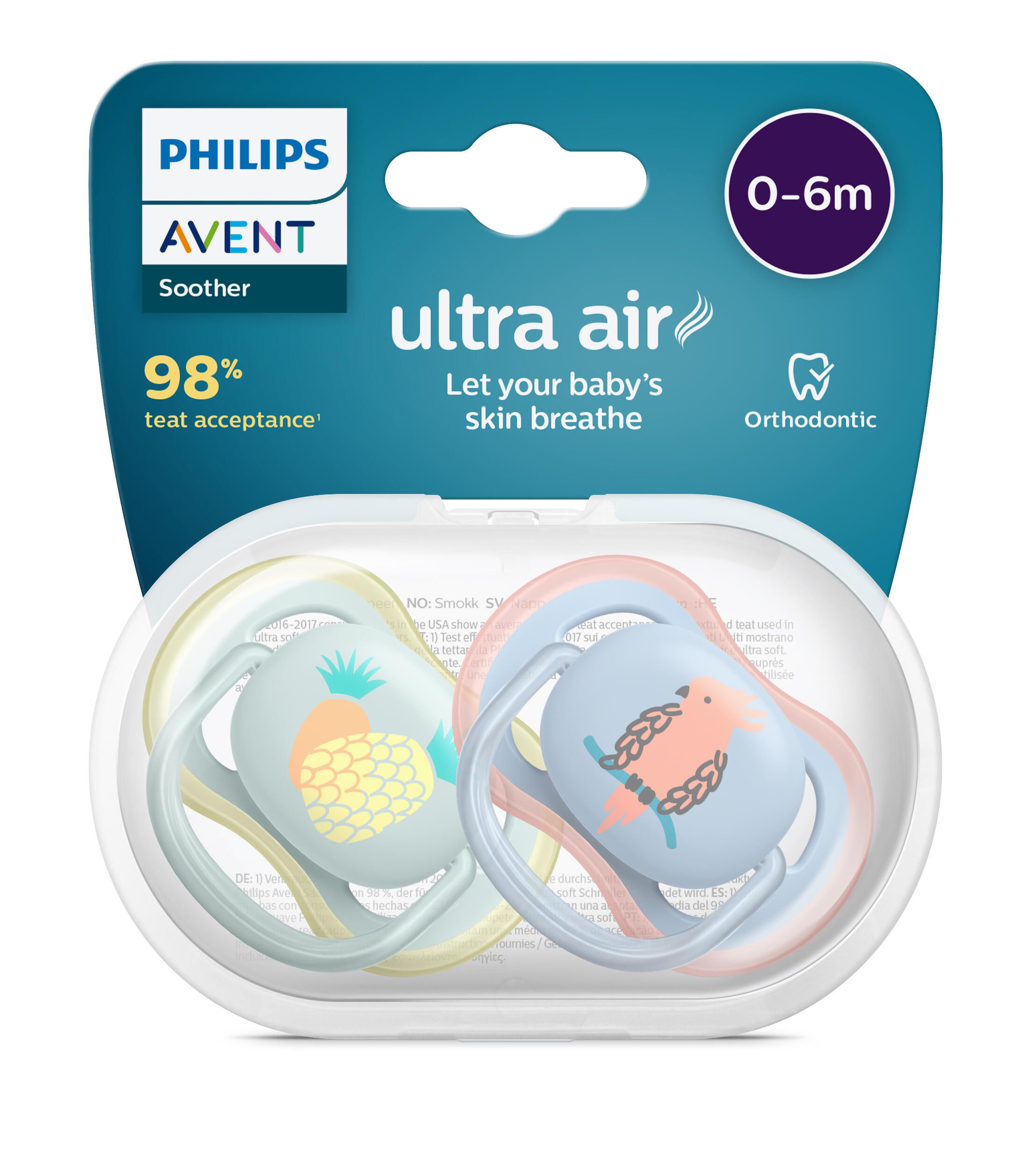 PHILIPS AVENT 新安怡 - 安撫奶嘴-超透氣0~6M(雙入；卡通) - 熱帶水果鳥兒 (水果鳳梨+巴丹鸚鵡)