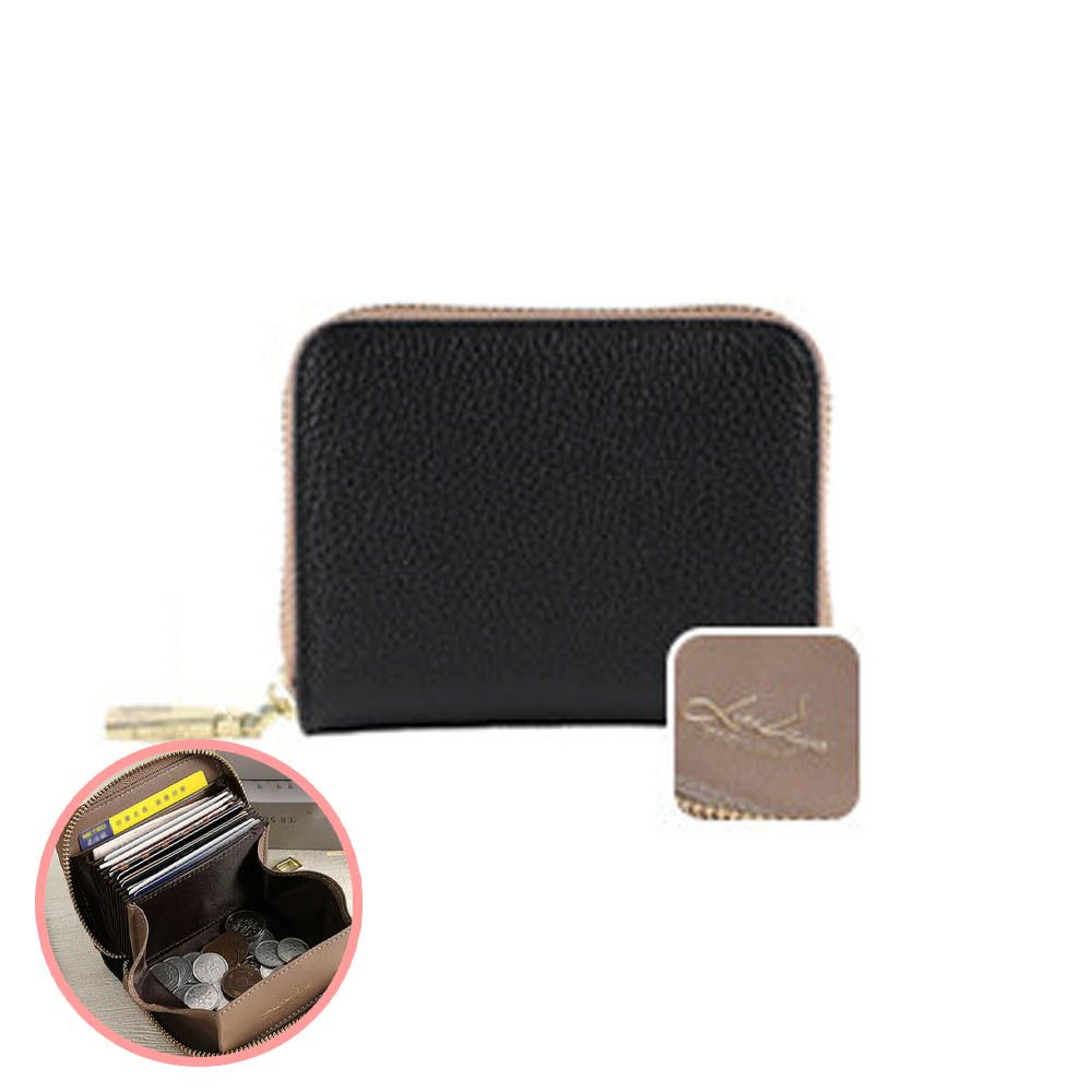 真皮多卡收納迷你短夾/錢包-撞色-黑x卡其 (11x9x2.5cm)