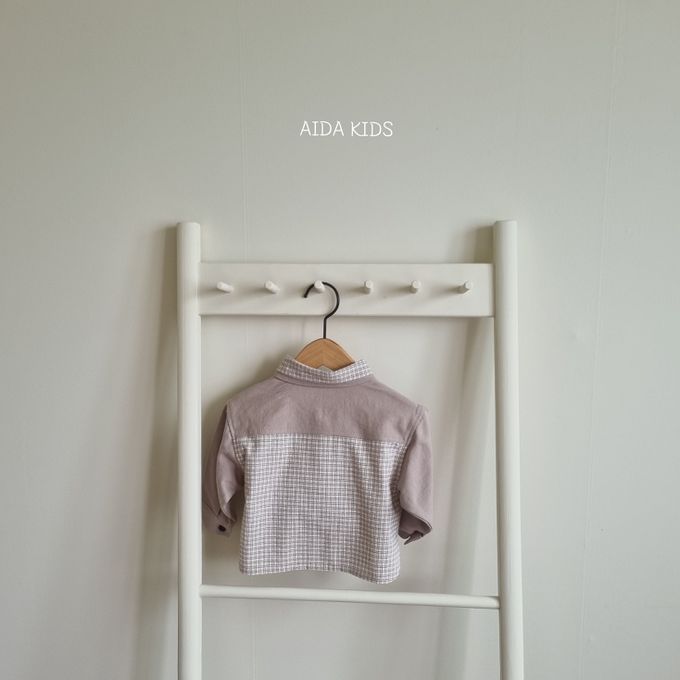 韓國 AIDA - (不含領結)拼接感格紋翻領長袖襯衫-可可咖