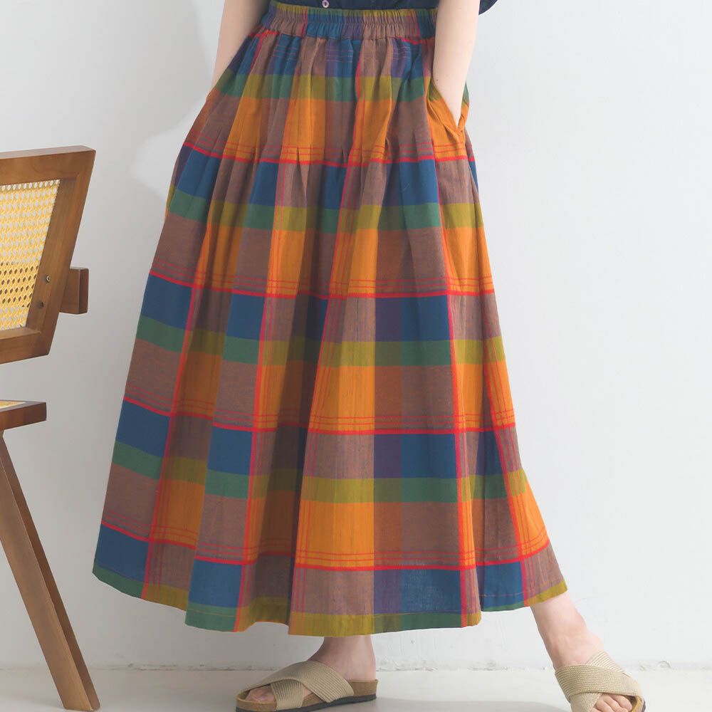 100%棉 漸層色輕盈格紋長裙-橘x藍綠