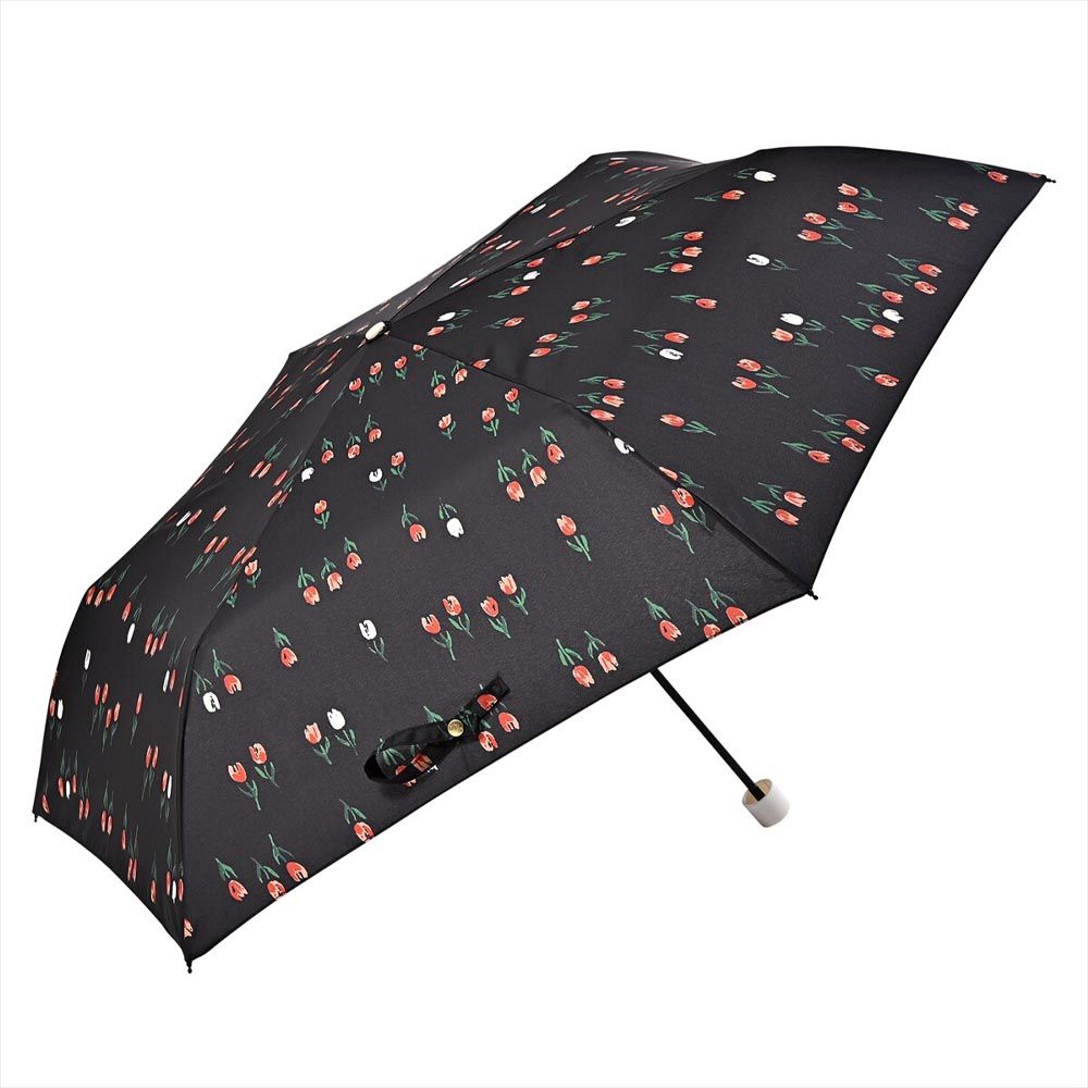 日本 nifty colors - 抗UV輕量 晴雨兩用折疊傘-鬱金香-黑 (直徑88cm/160g)