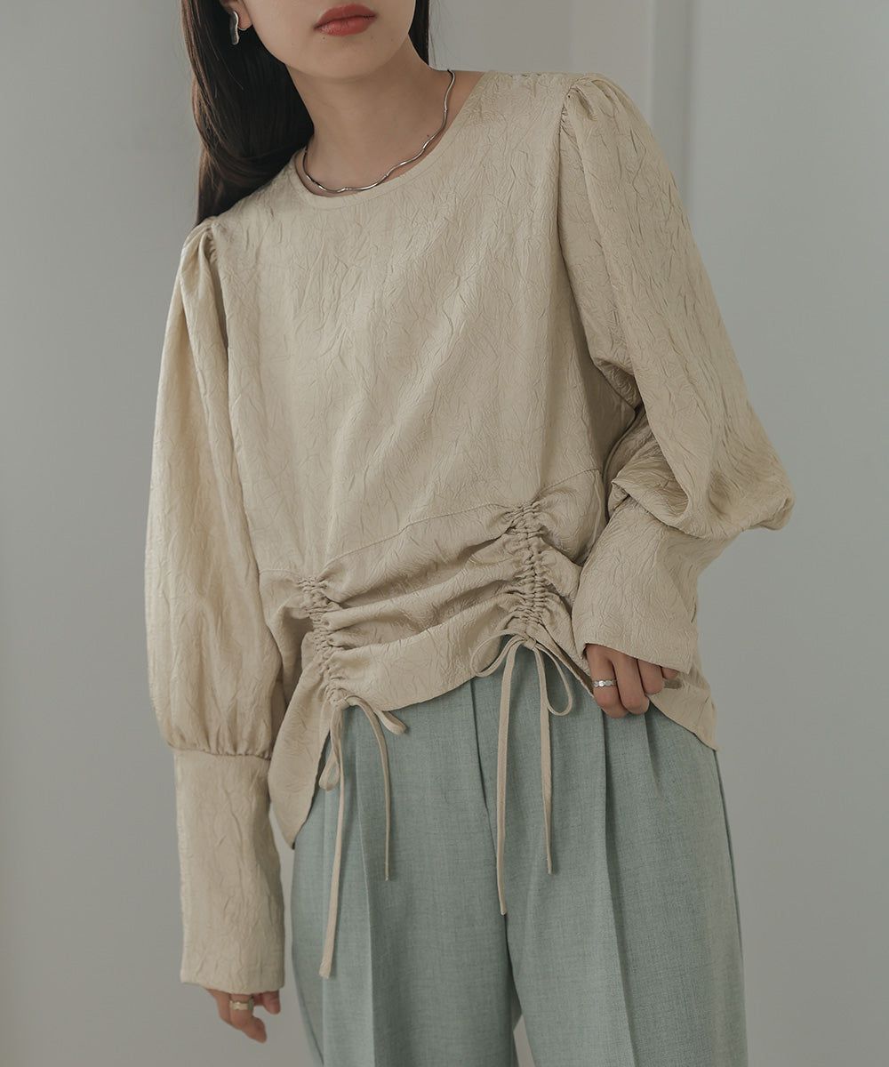 日本 Bab - 光澤感抽繩泡泡袖上衣-香檳