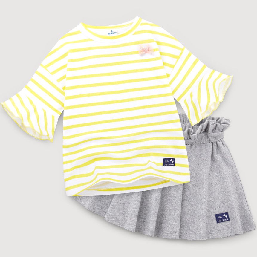 韓國 Jelispoon - 荷葉條紋上衣花苞裙套裝-黑