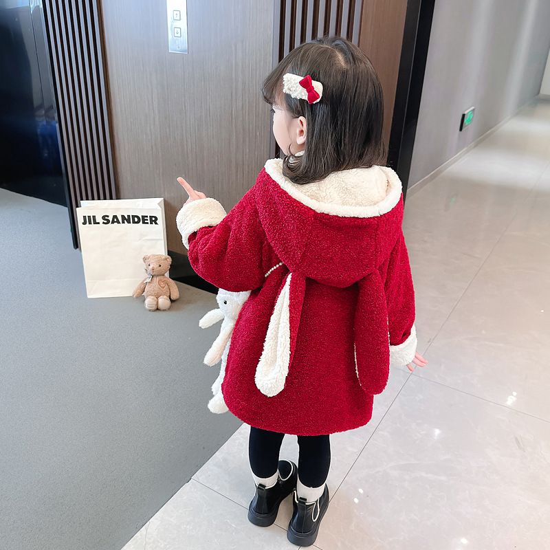 加厚毛絨造型長版外套-兔子耳朵-紅色-(送兔子配飾)
