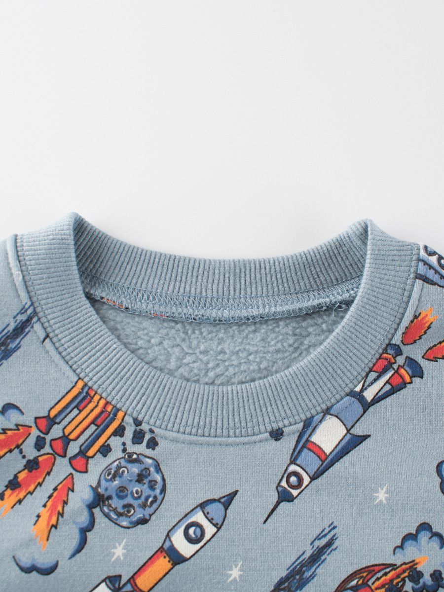 加絨棉質圓領長袖上衣/大學T-飛天火箭-藍灰色