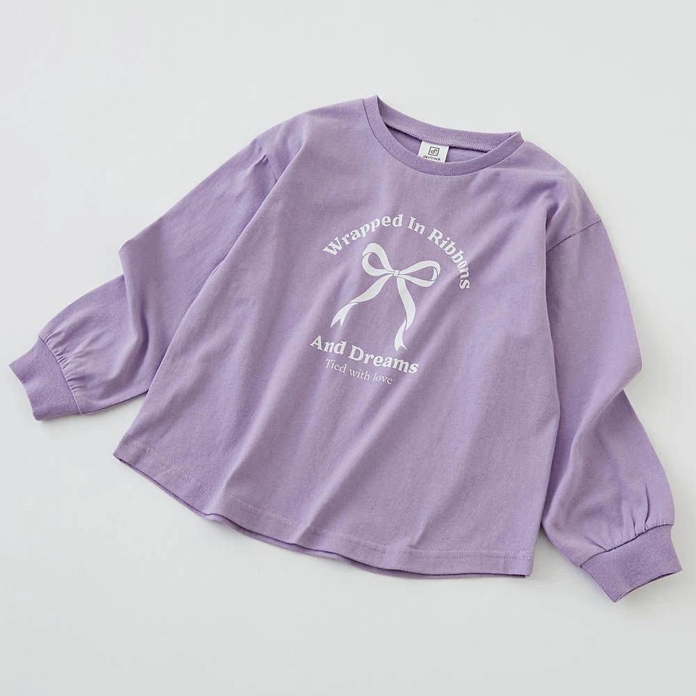 100%棉 定番女孩印花長袖上衣-蝴蝶結-羅蘭紫