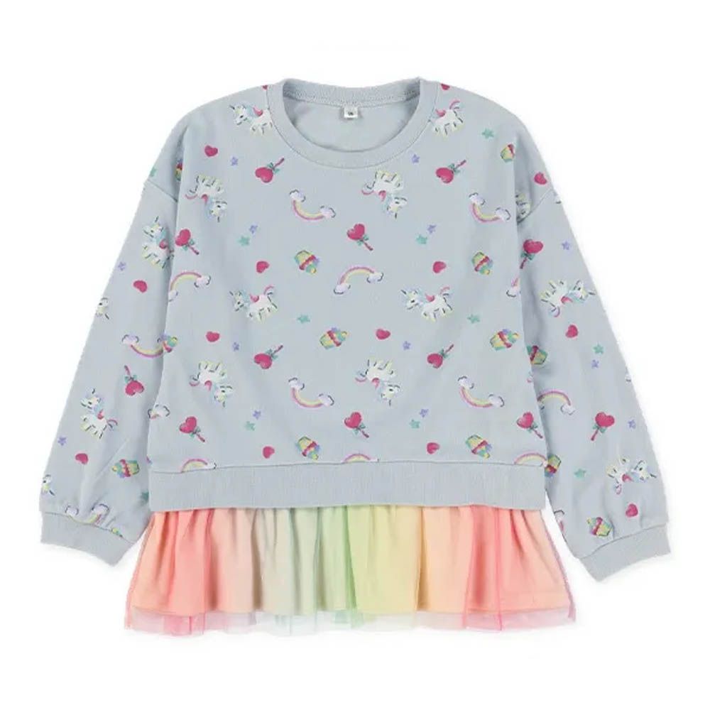 彩虹薄紗獨角獸印花長袖上衣-水藍