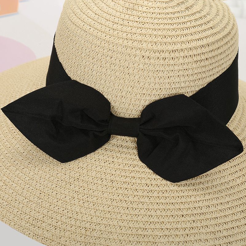 加大帽沿遮陽草帽-大蝴蝶結-奶白