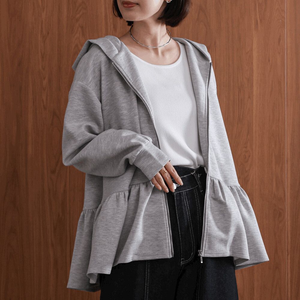 可愛荷葉下擺連帽運動風外套-淺灰