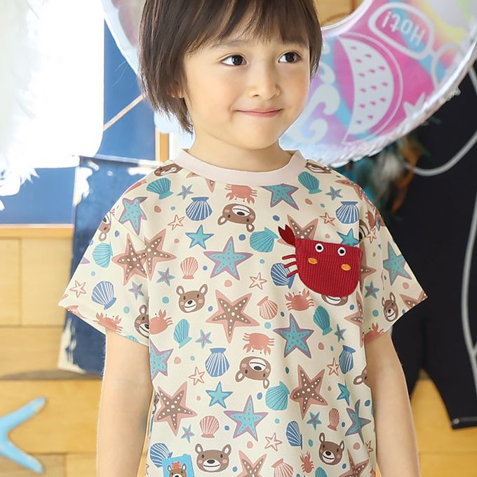 日本 ZOOLAND - 海洋印花網眼短袖上衣-滿版貝殼-淺灰