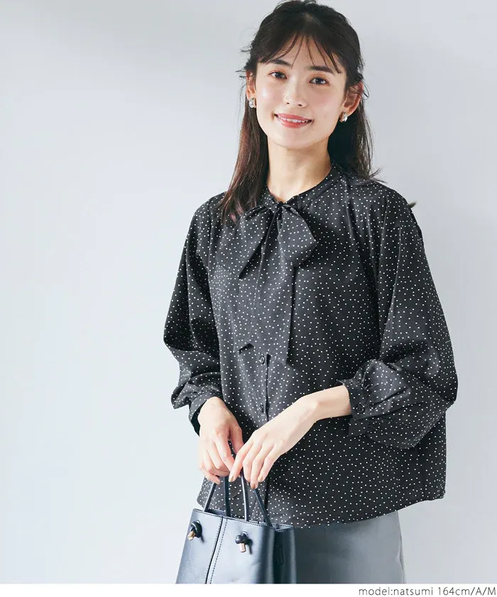 日本 COCA - 優雅紐結雪紡長袖上衣-點點-白