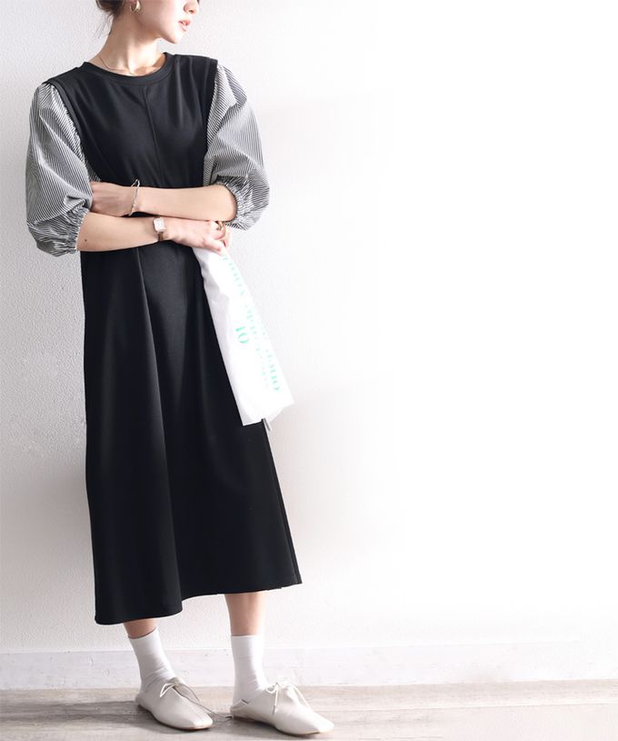 日本 Classical Elf - 優雅泡泡拼接袖修身洋裝-黑x條紋