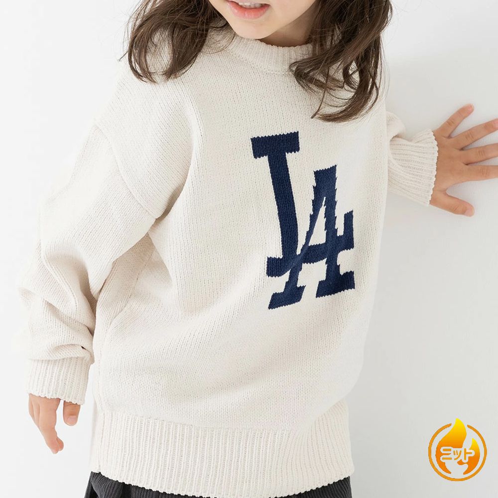 MLB聯名 柔軟針織LOGO長袖上衣-洛杉磯道奇-白杏