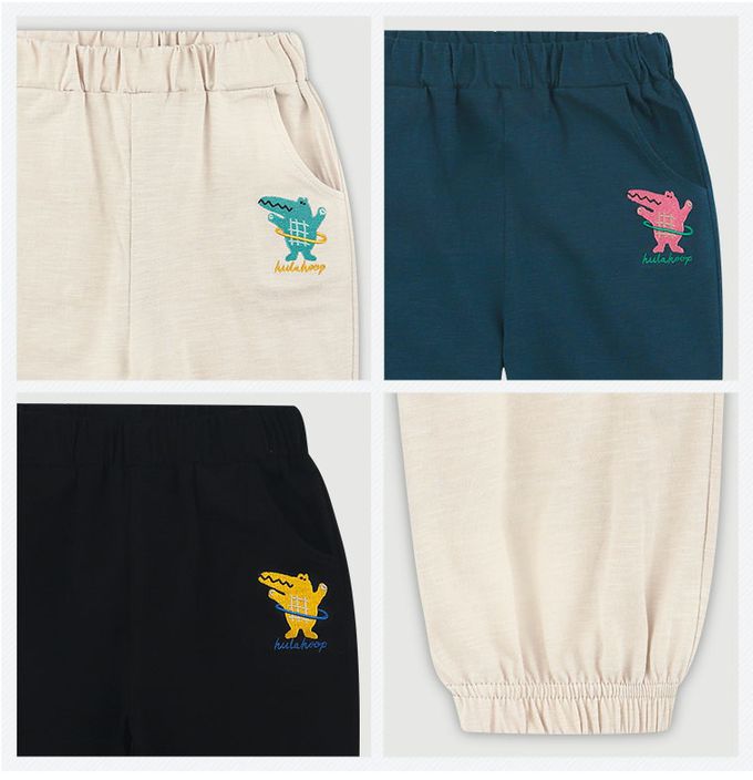 韓國 milk mile - 鬆緊腰鱷魚刺繡縮口長褲-淺杏