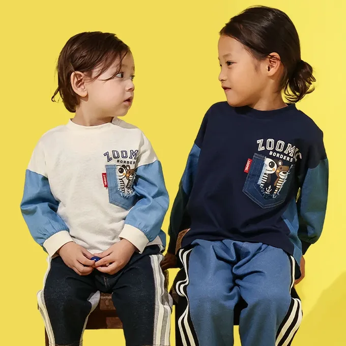 日本 ZOOLAND - 丹寧風小熊長袖上衣-帥氣刷破口袋-海軍藍