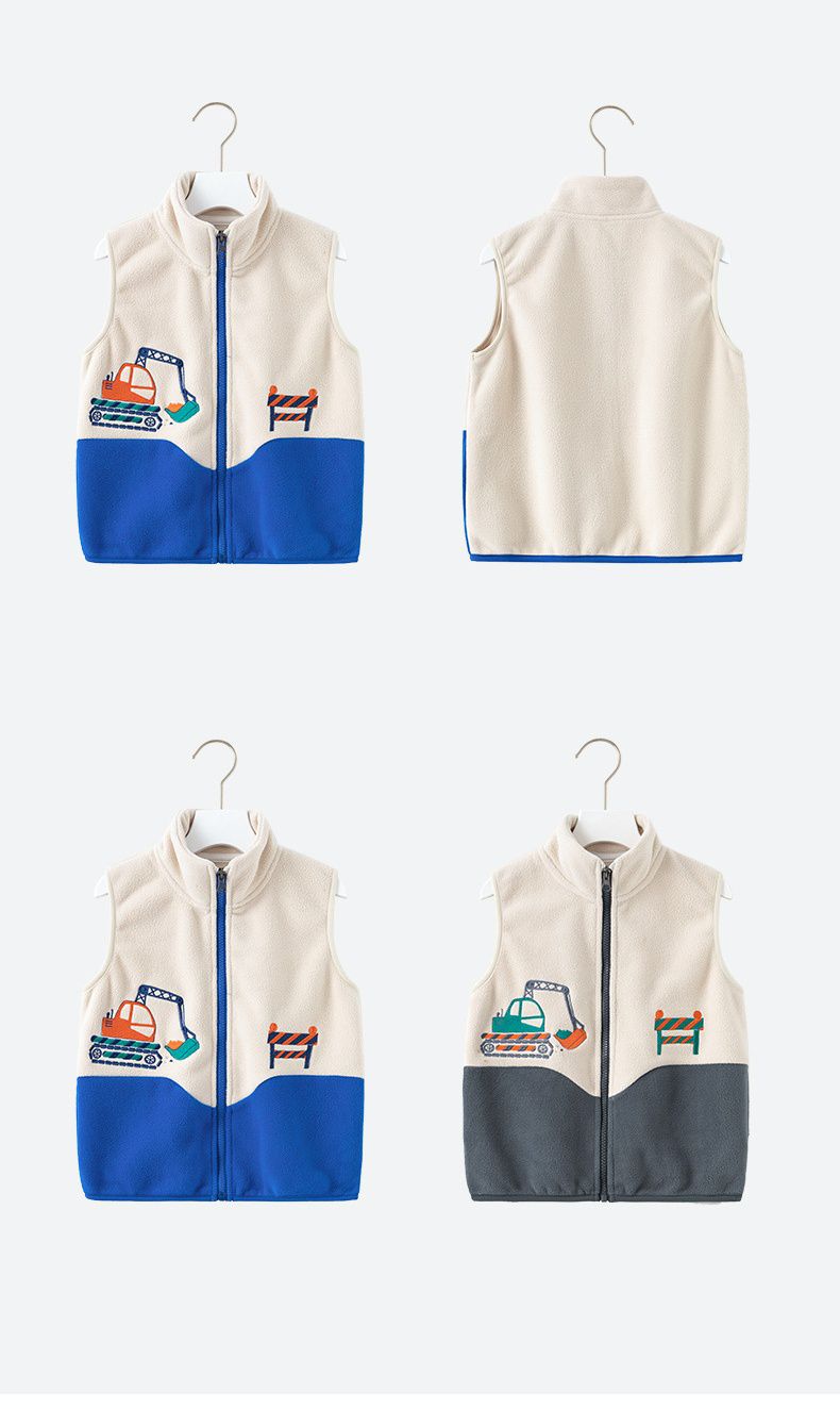 搖粒絨保暖兒童背心-工程車-杏+深灰