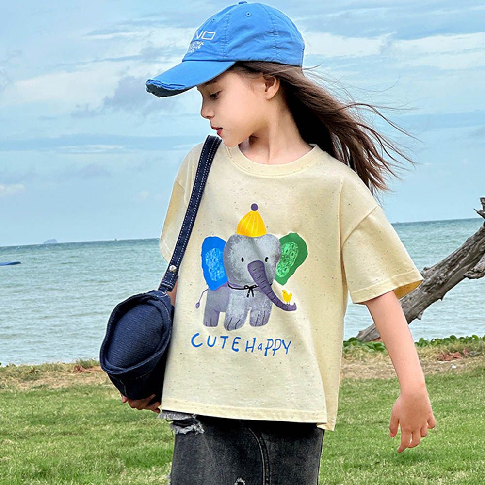 純棉圓領落肩短袖上衣/T恤-快樂大象-彩點黃杏