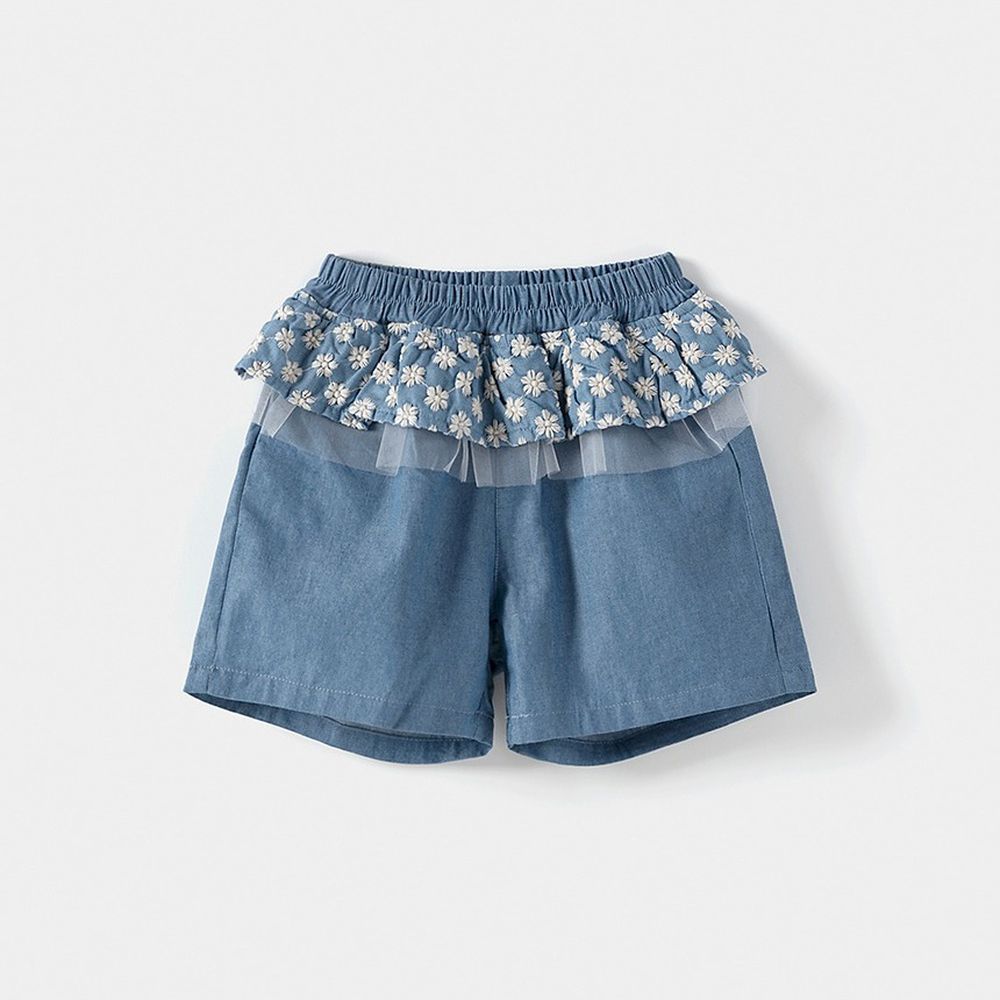 鬆緊腰刺繡緹花點綴層次短褲-丹寧藍