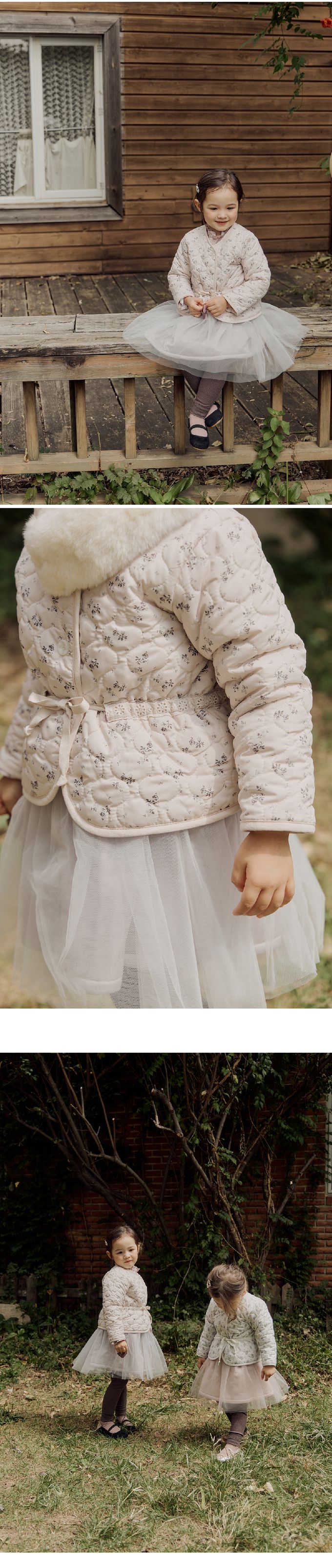 韓國 Puellaflo - 小花無領鋪棉綁帶絎縫外套-淡粉