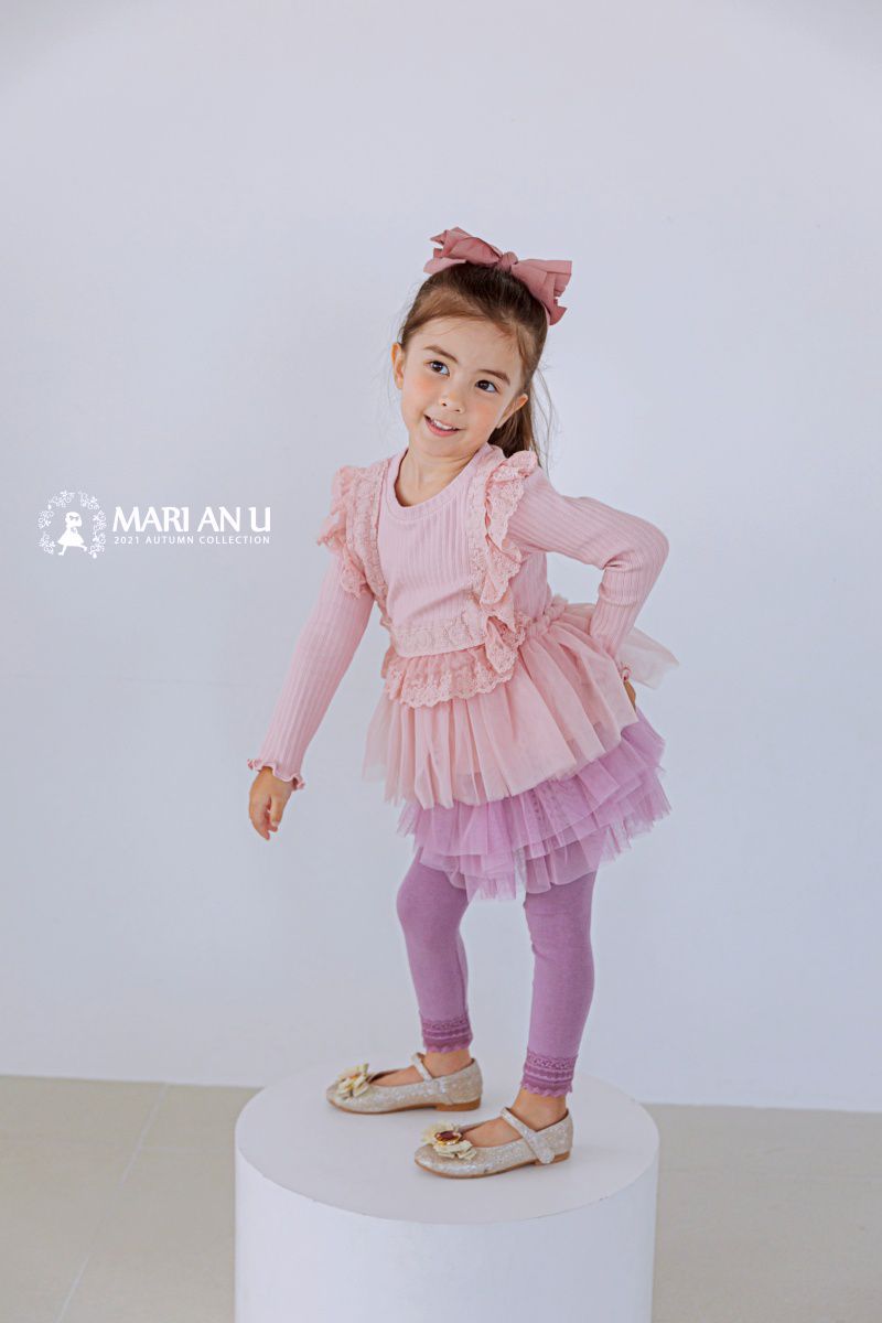 韓國 Mari an u - 荷葉蕾絲滾邊針織網紗拼接上衣-粉紅