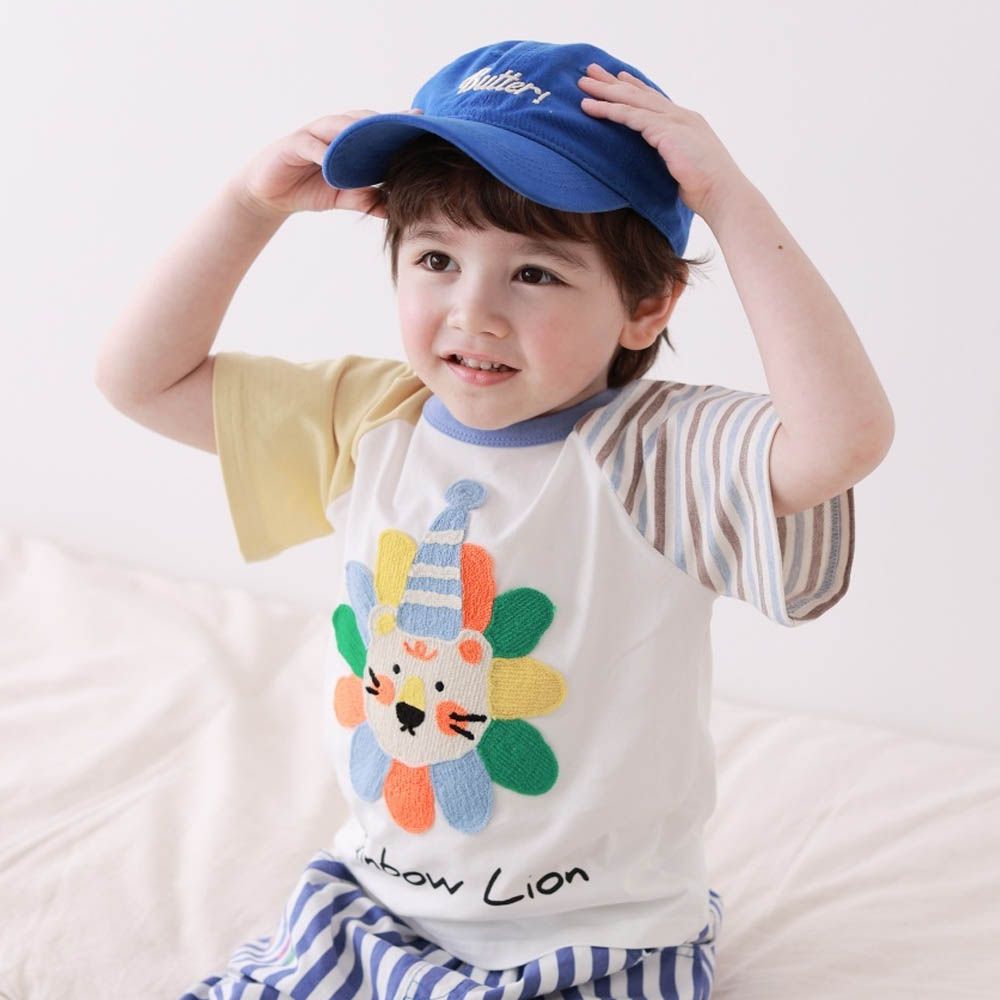 彩虹獅撞色條紋短袖上衣-黃X藍