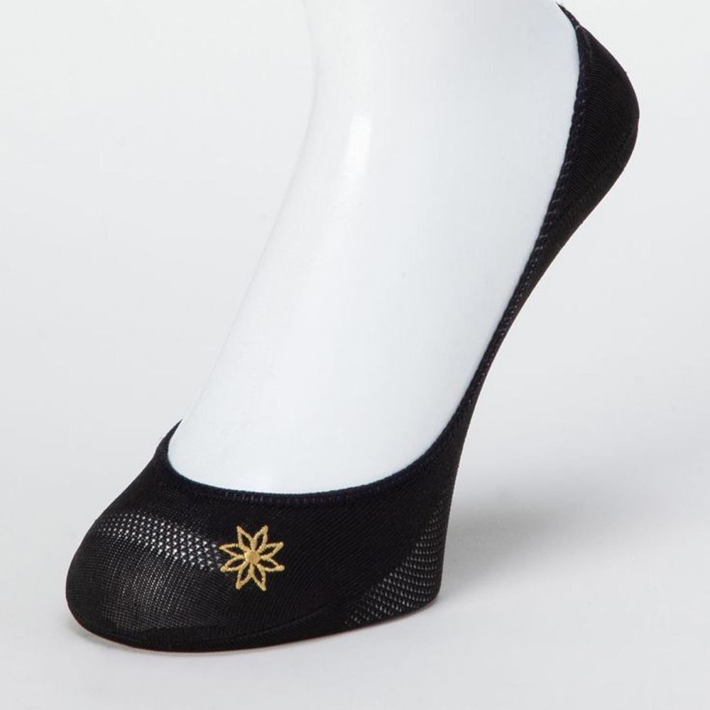 日本 okamoto - 超強專利防滑ㄈ型隱形襪-光滑編織小花刺繡 淺履款-黑