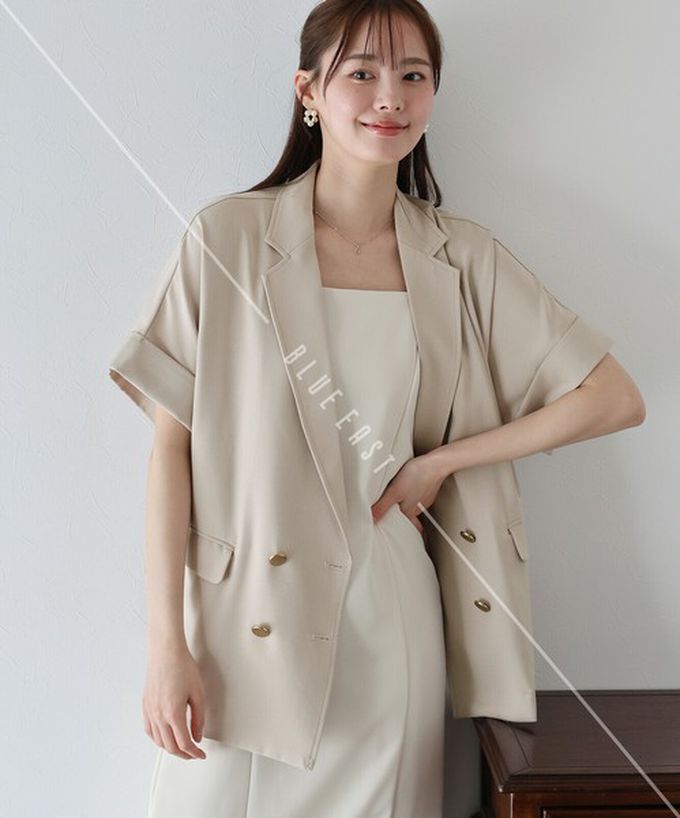 日本 BLUE EAST - 亞麻感氣質金釦短袖西裝外套-黑