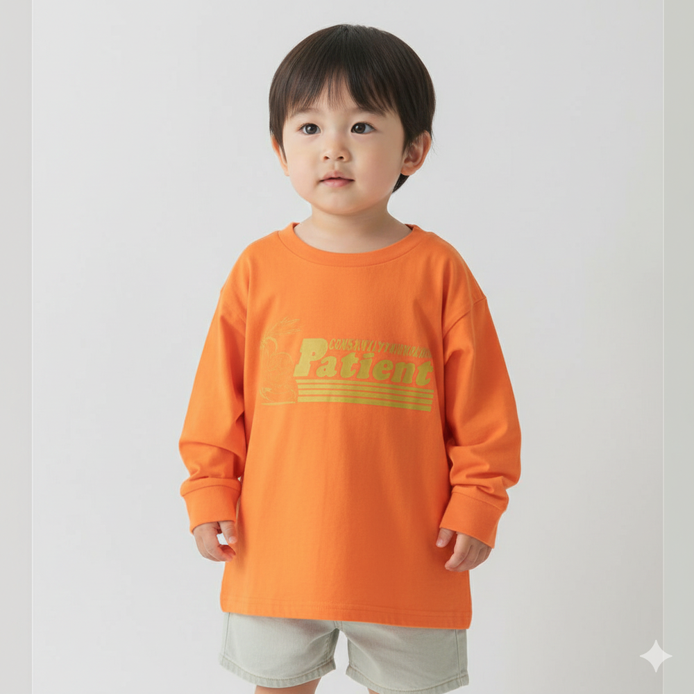 100%棉 美式印花薄長袖上衣-兔子賽跑-亮橘