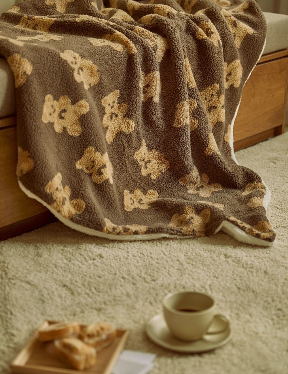 韓國 Bebe deco - 搖粒絨泰迪熊保暖毯-米白