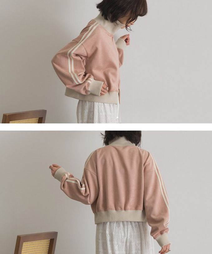 日本 ELENCARE DUE - 麂皮短絨休閒配色運動風夾克-米x炭黑領