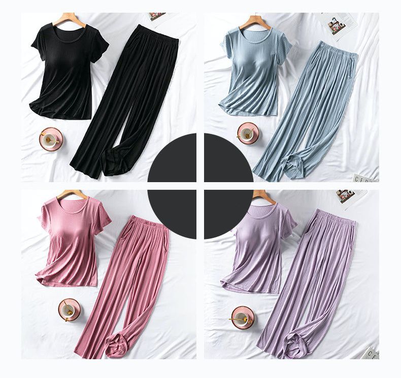 螺紋莫代爾Bra T 短袖家居服套裝-長褲款-粉色