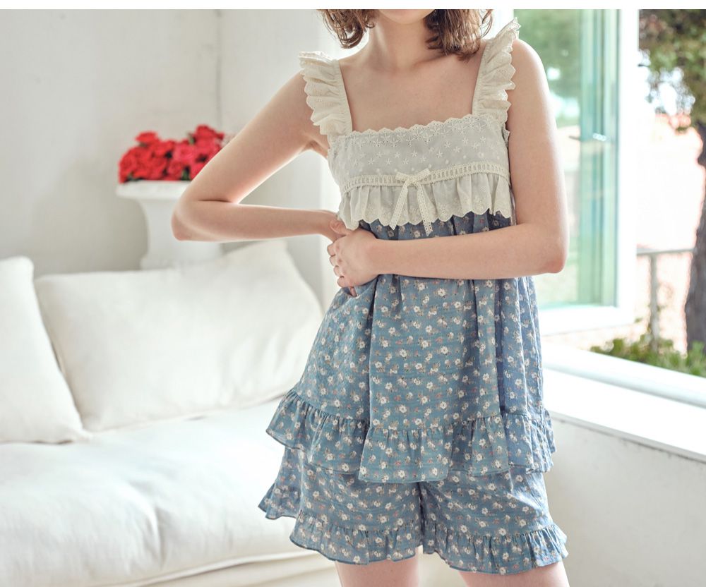 韓國 ULLALA - 蕾絲花邊無袖睡衣(兩件式)-藍 (FREE)