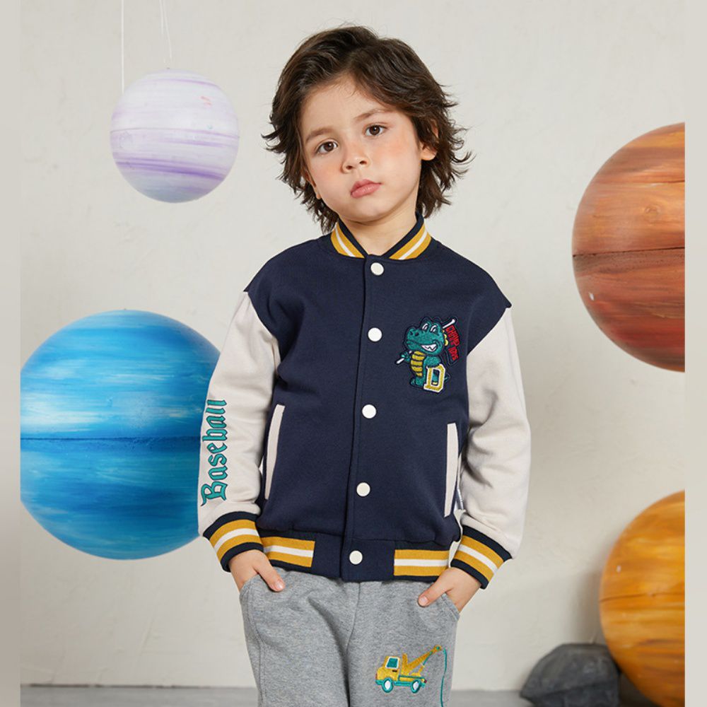 童趣拼色棒球外套-驕傲壞壞恐龍-深藍+杏