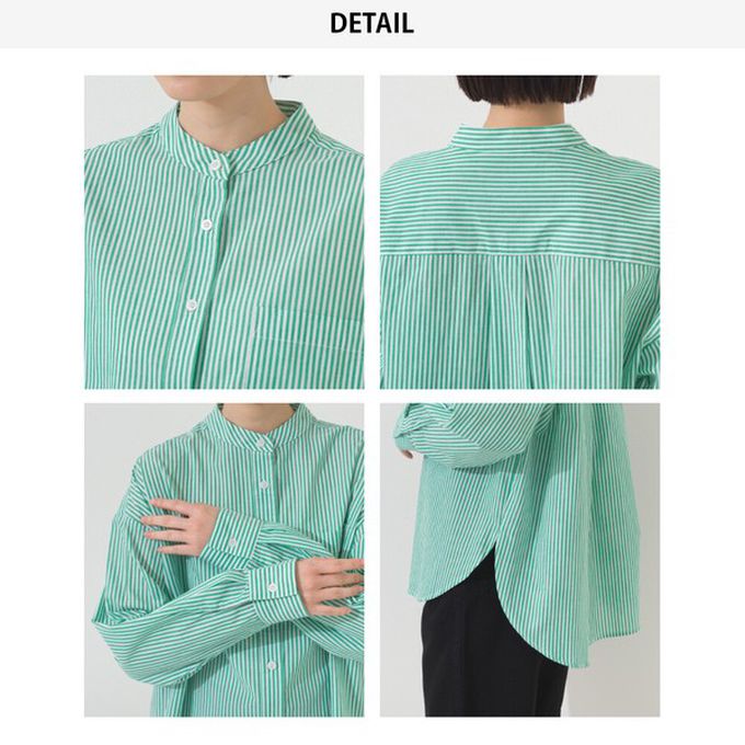 日本 OMNES - 純棉 俐落條紋寬鬆感立領襯衫-海軍藍