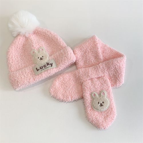 Love, Charlotte - 寶寶粉小熊珊瑚絨保暖毛球帽配圍巾套組 (頭圍:46~50cm (建議年齡:1+))