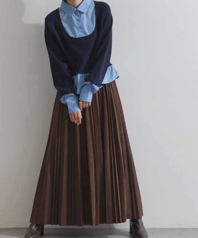 日本 ELENCARE DUE - 俐落低調麂皮百褶長裙-酒紅