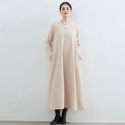 Yukié - 氣質華夫格顯瘦A字長袖長洋裝-杏色