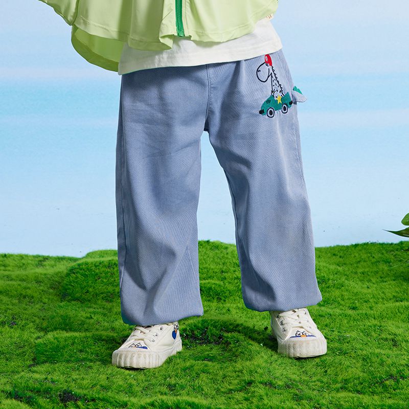 百搭牛仔束口長褲/防蚊褲-恐龍開車-牛仔藍