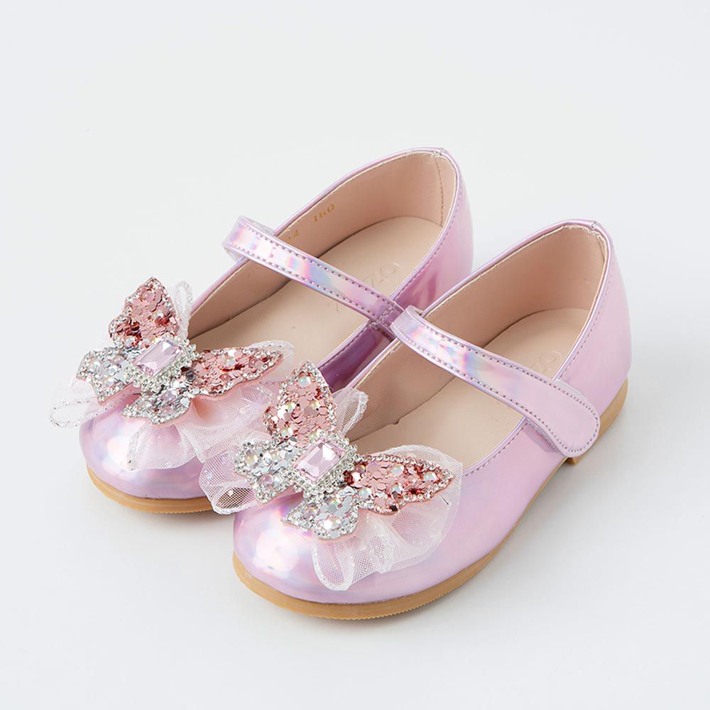 韓國 OZKIZ - 方形寶石蝴蝶裝飾皮鞋-絢彩粉
