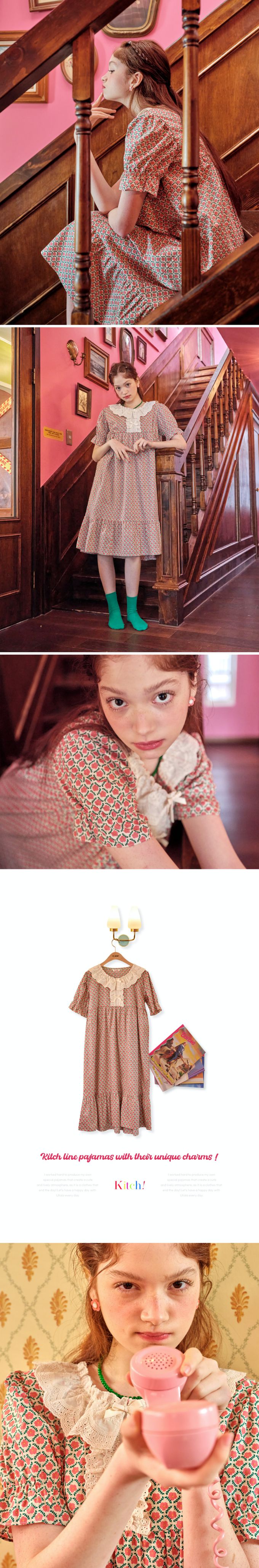 韓國 ULLALA - 花印領口蕾絲拼接短袖睡裙-粉紅花 (FREE)