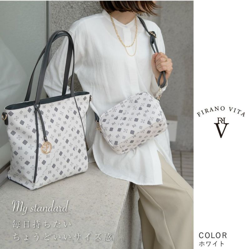 日本 FIRANO - [雜誌揭載]經典花紋仿皮托特包+側背包2件組-附摺疊購物袋-米白 (30x40x14cm)