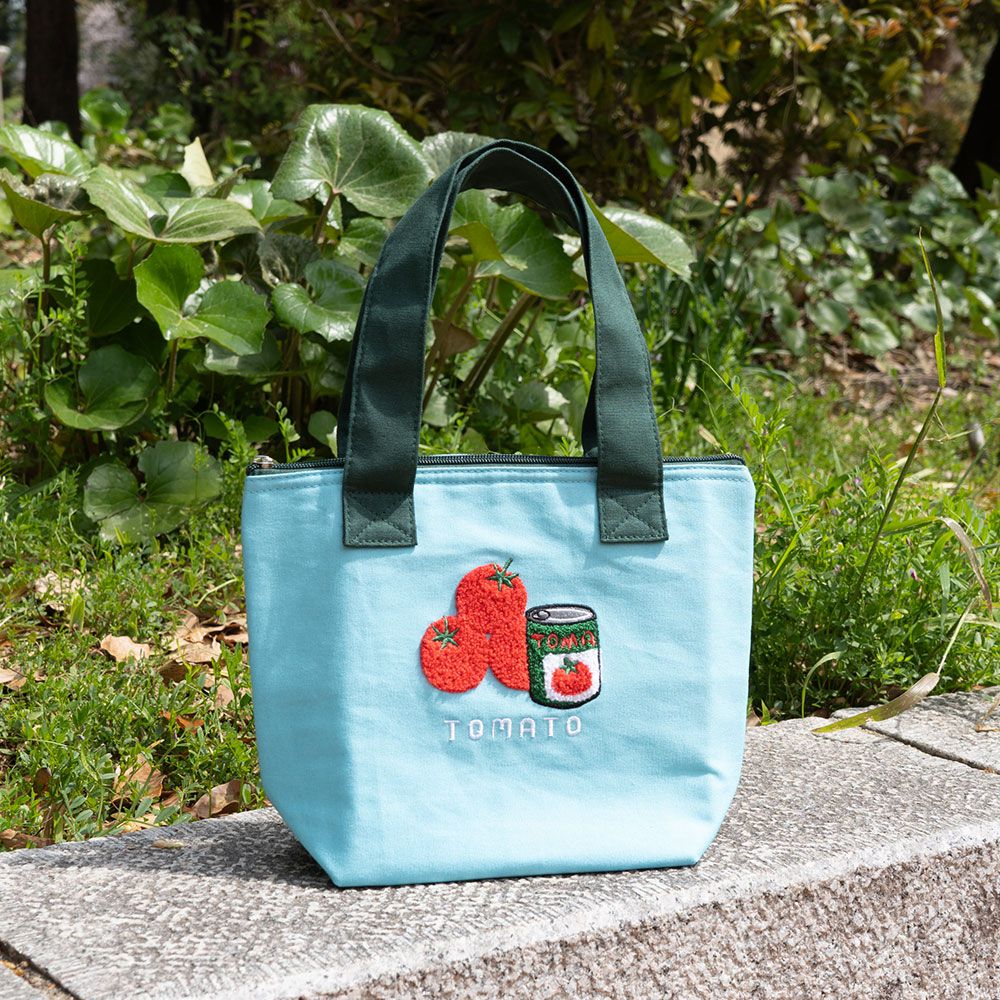 可愛刺繡保溫保冷便當袋/手提袋-番茄醬-水藍 (H21×W28×D10cm)