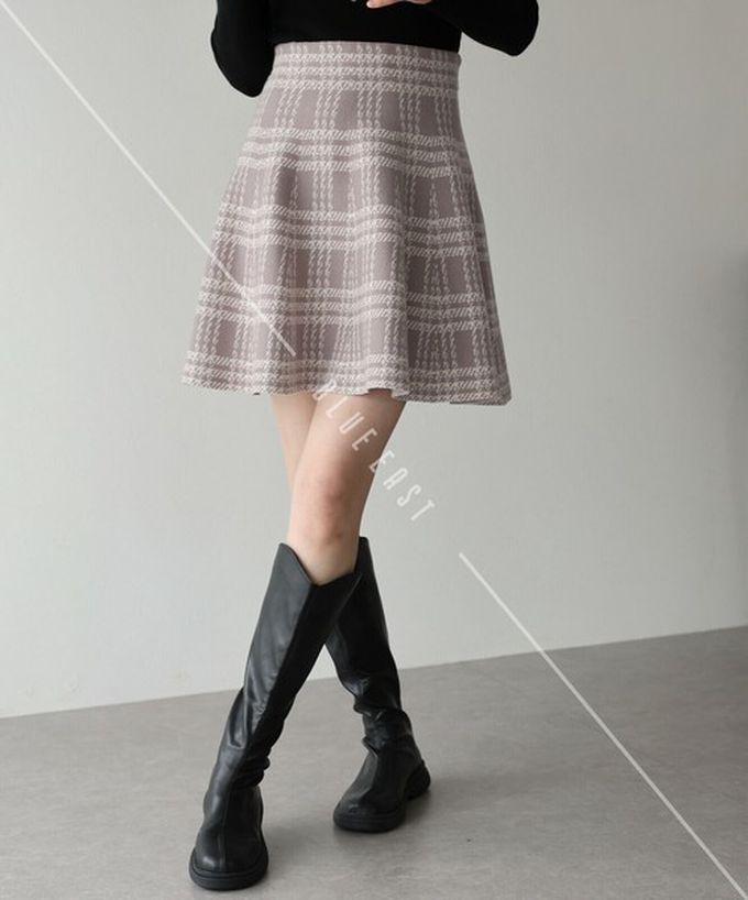 日本 BLUE EAST - 甜心格紋針織迷你短裙-黑灰