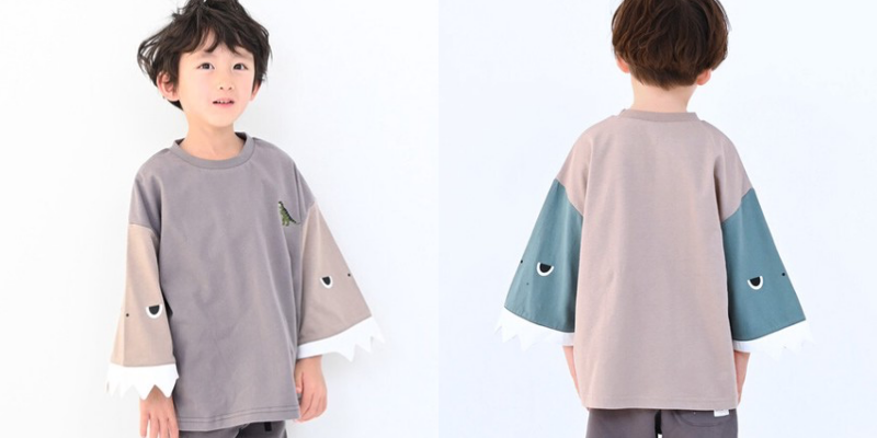 日本 Baby Room - 純棉印花七分袖上衣-恐龍張大嘴-灰黑