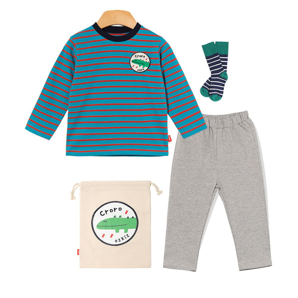 韓國 OZKIZ - 條紋動物套裝4件組-鱷魚-(含上衣、褲子、襪子、束口袋