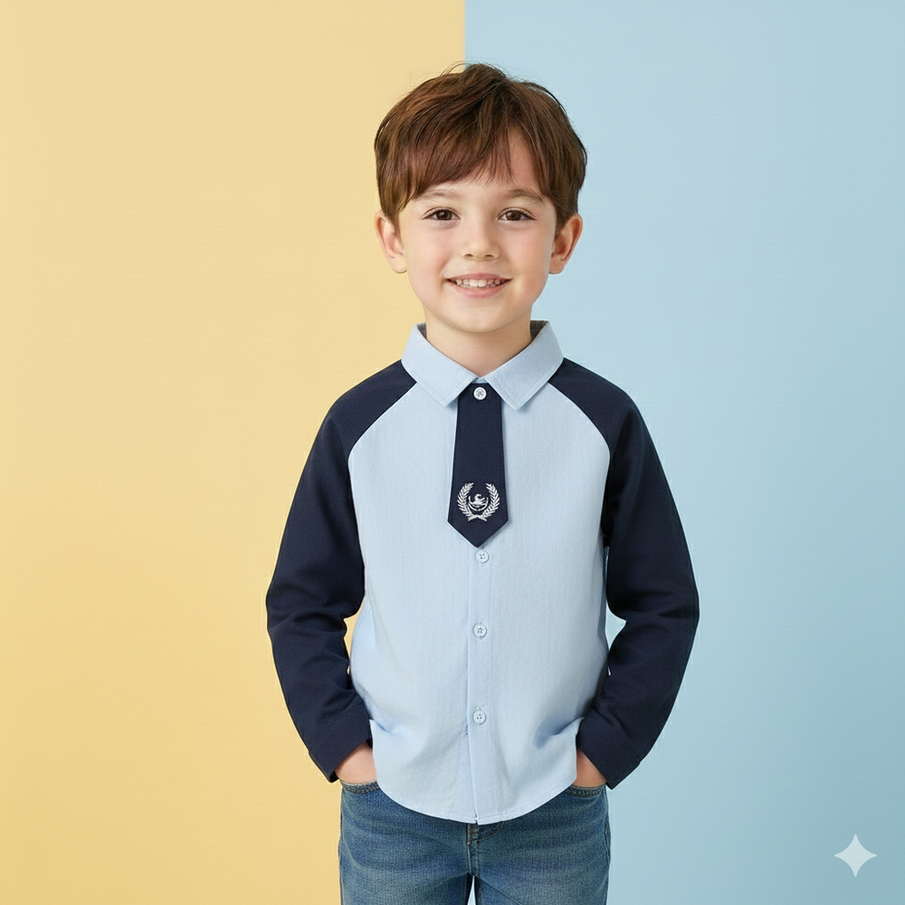 學院風拼色長袖襯衫-領結-藏青x淺藍