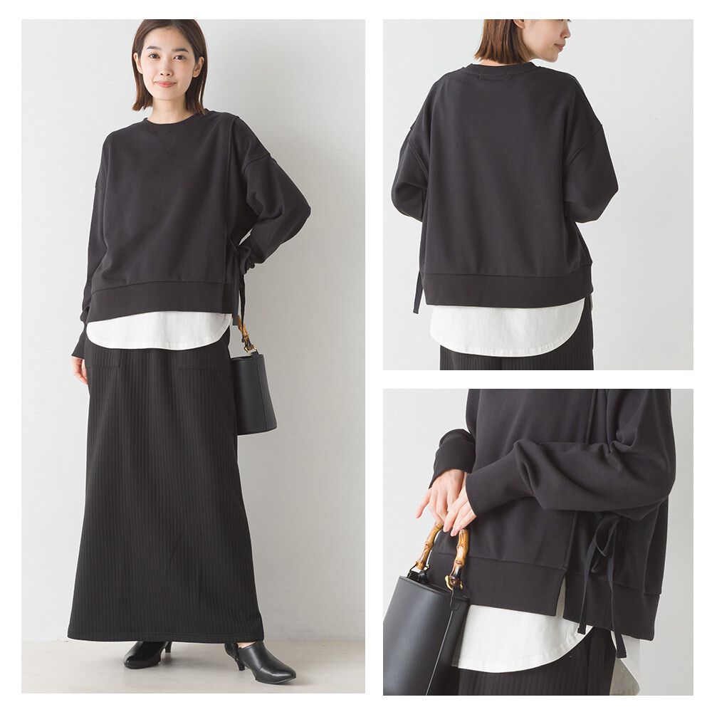 日本 OMNES - 100%棉 側綁帶百搭大學T-黑