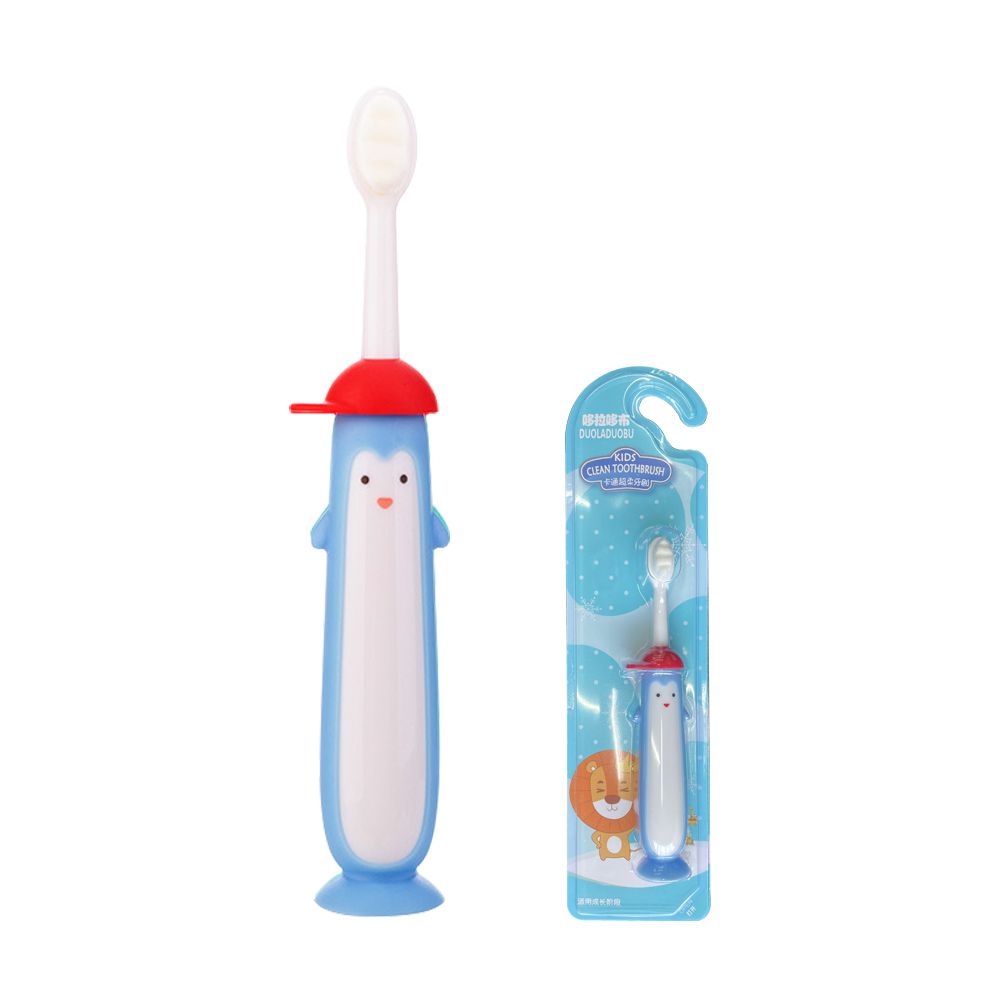 2支入-站立吸盤幼兒牙刷 寶寶牙刷 軟毛學習牙刷-企鵝站立款-藍色+隨機1入