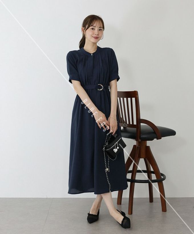 日本 BLUE EAST - 優雅打褶2way領束腰短袖洋裝-灰藍