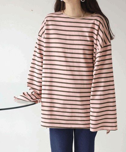 日本 Bou Jeloud - 百搭落肩長袖上衣-條紋-粉